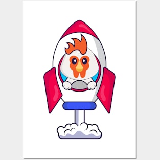 Cute chicken flying on rocket. Posters and Art